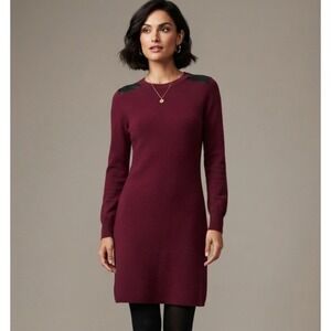 Barrow & Grove Womens 100% Cashmere Leather Patch Sweater Dress Burgundy M